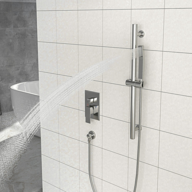 Douche murale en nickel brossé carré de 12 pouces - Barre coulissante réglable, soupape équilibrée et système de composants portatifs