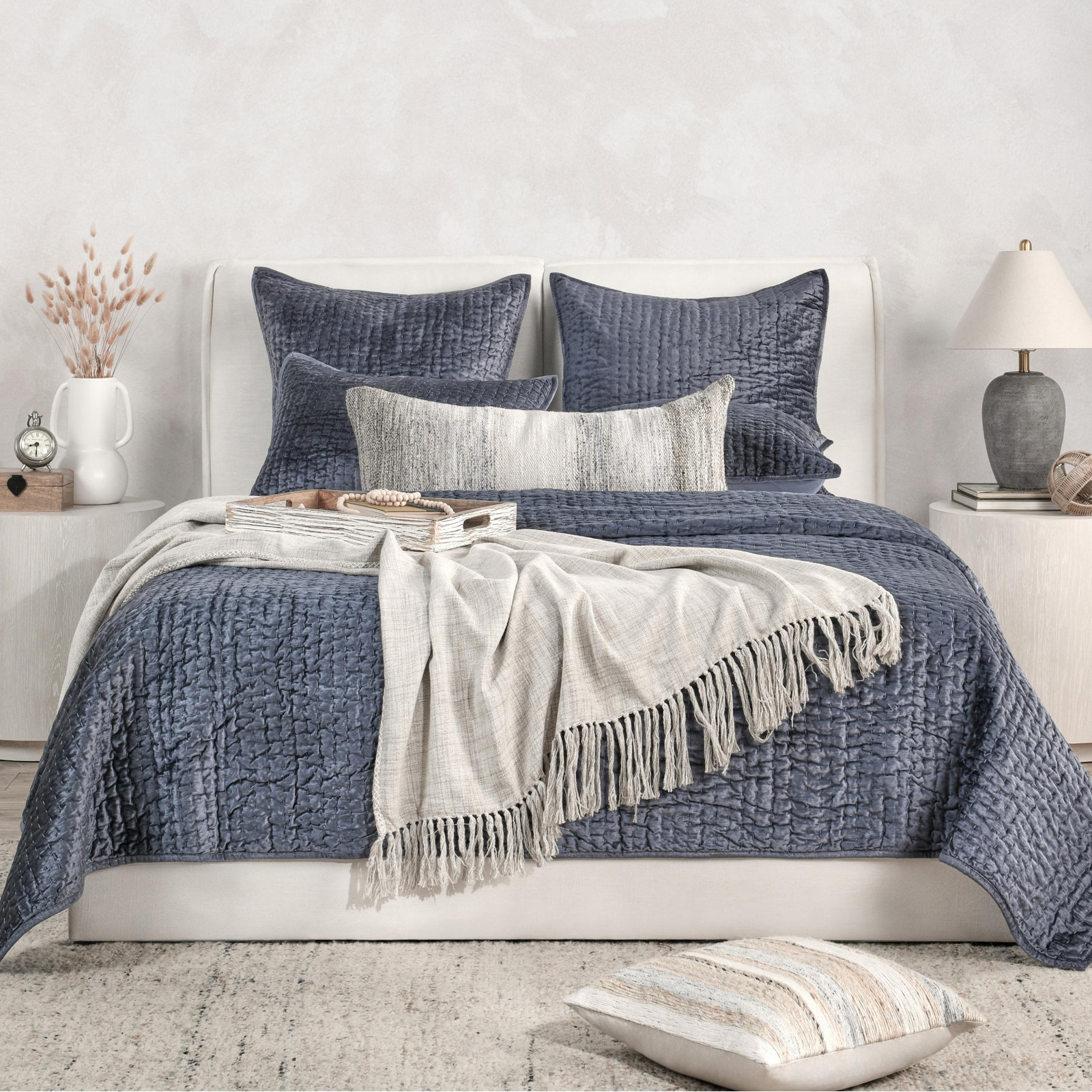 Velvet Quilt Set, Queen Quilt, Sea Fog Blue