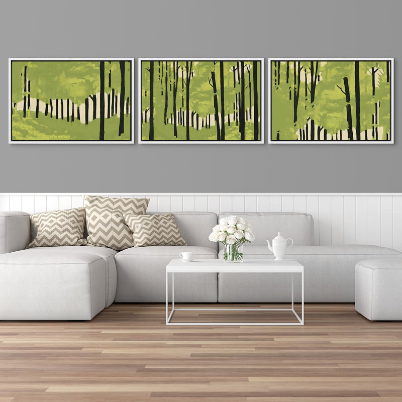«Vibrant Green Birch Forest», 3 pièces, Cadre blanc, H 24 po x l 36 po