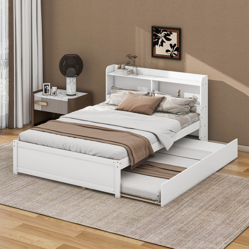 Full Bed Frame With Storage Headboard, Trundle Bed, White
