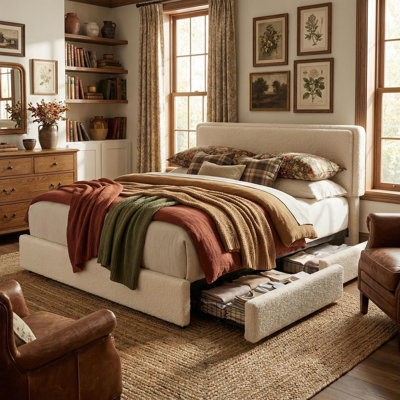 Queen Size Teddy Fleece Upholstered Platform Bed Frame Adjustable Cloud Headboard with 2 Storage Drawers No Box Spring Needed