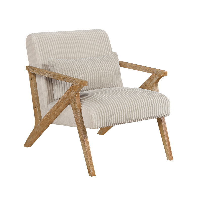 Chaise d'appoint rembourrée en velours côtelé beige avec coussin assorti, structure en bois d'hévéa massif, mobilier de salon de style campagne moderne