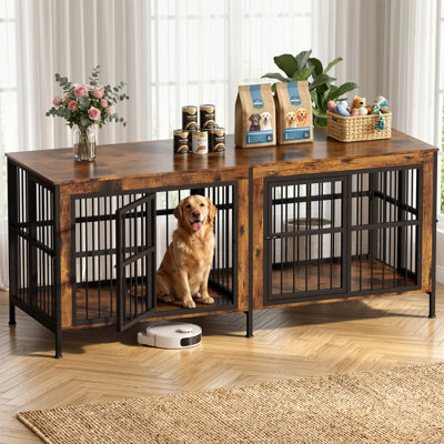 YOKWOK 88 Inch Dog Crate Furniture for Large Dogs with Sturdy Removable Divider, 3-In-1 Extra Large Double Doors Dog Kennel, XXL Thick Wooden Dog Cage Furniture, Brown