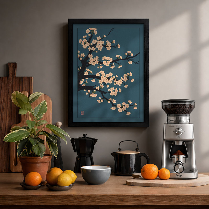 Moonlit Cherry Blossom Japandi Framed Print, Black, A3 - 42.0 x 29.7 cm