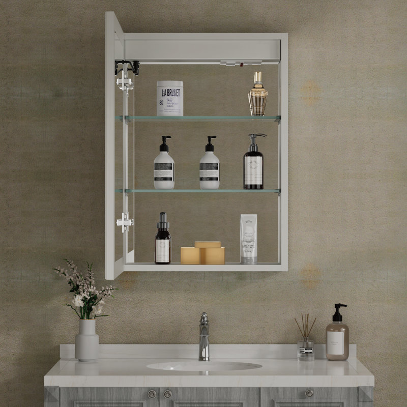 16" W x 24" H Kialen Rectangular Silver Aluminum Frame Recessed/Surface Mount Medicine Cabinet with Anti-Fog Mirror, 3 Color Temperatures Dimmable Lights and Adjustable Glass Shelves for Makeup, Shaving or Bathroom Vanity Storage