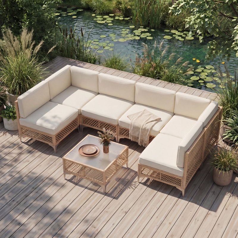 Ensemble de conversation modulaire à 6 places en osier de patio avec coussins, Beige