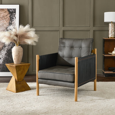 Fauteuil d'appoint en cuir véritable l 28,7 po avec accoudoirs à sangle en cuir