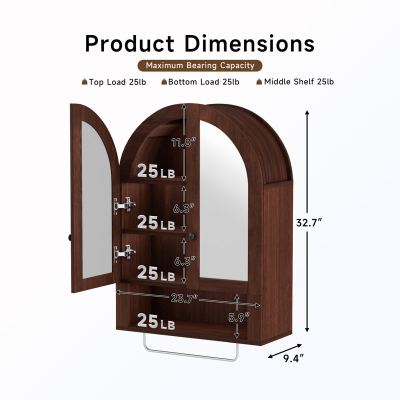 Armoire murale arquée avec portes en miroir et tablettes réglables, Walnut