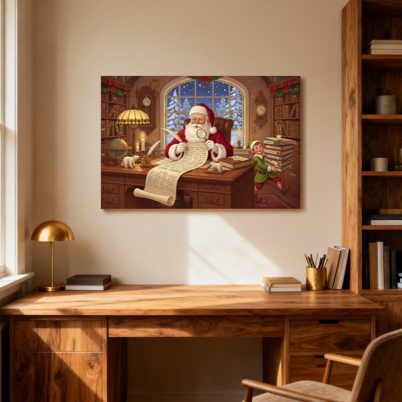 Noël, père Noël, liste de lecture, lutin au bureau, H 12 po x l 18 po