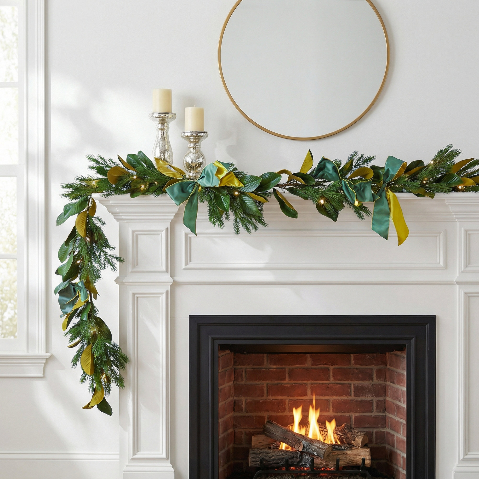 The Holiday Aisle® 9" Magnolia Mix Pine Garland with Fabric Bow, Battery Operated with Remote