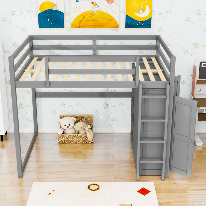 Lit mezzanine double en bois avec DEL et tablettes et garde-robe, gris