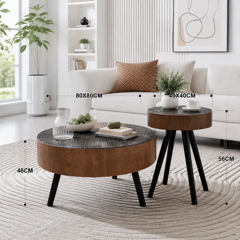 Table basse sculptée ronde avec rangement, 31.5"W, Brown