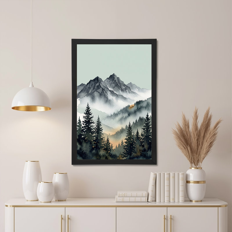 Chaîne de montagnes brumeuse et pins sombres, aquarelle sur toile, H 24 po x l 16 po