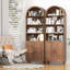 Bibliothèque arquée avec rangement, bibliothèque à 6 niveaux avec portes et tablettes ouvertes, noyer