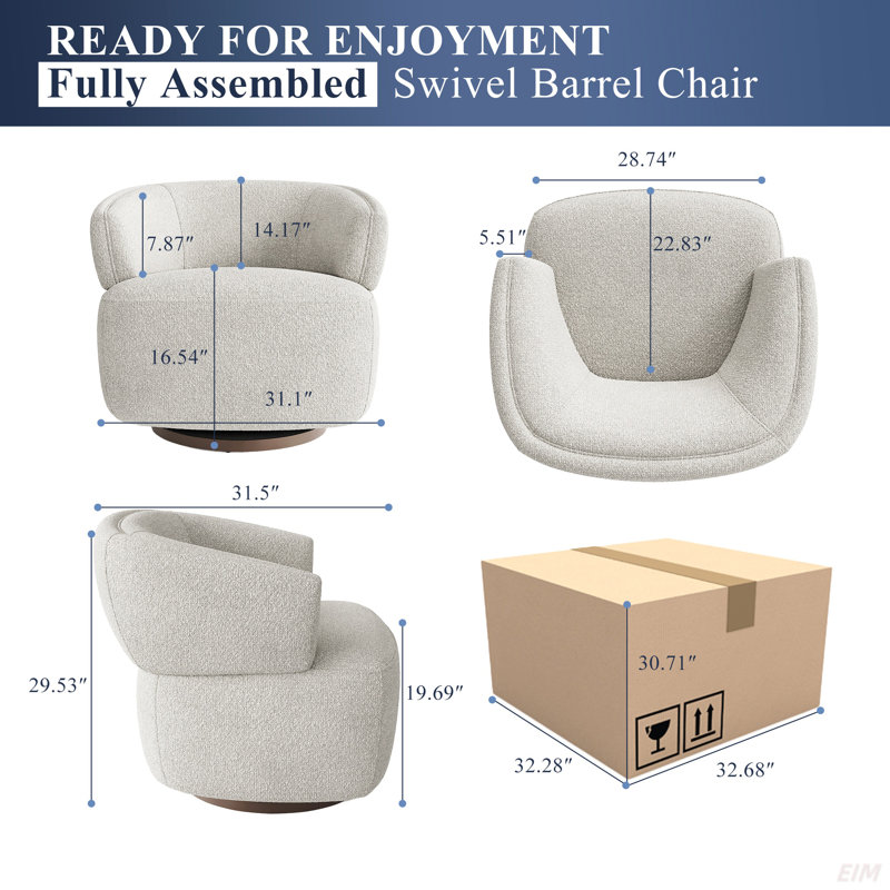 Fauteuil demi-tonneau pivotant, canapé d'appoint entièrement assemblé avec base à 360 degrés, fauteuil de lecture surdimensionné rembourré