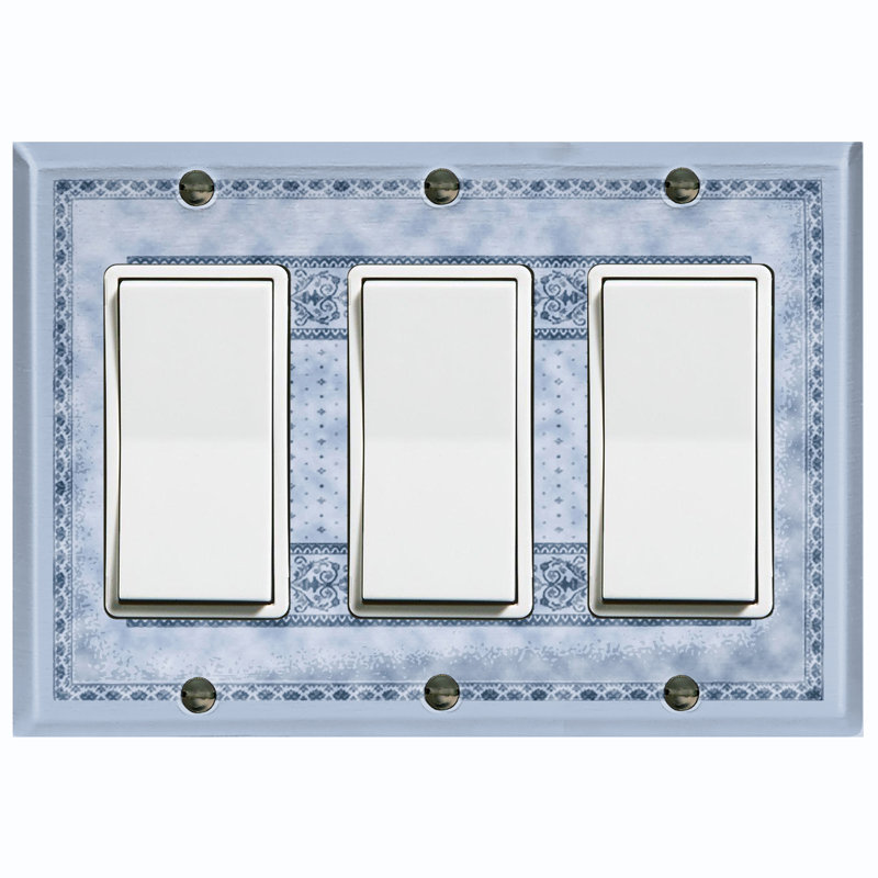 Metal Light Switch Plate Outlet Cover (Elegant Green Carpet Rug Print - Triple Rocker), Blue