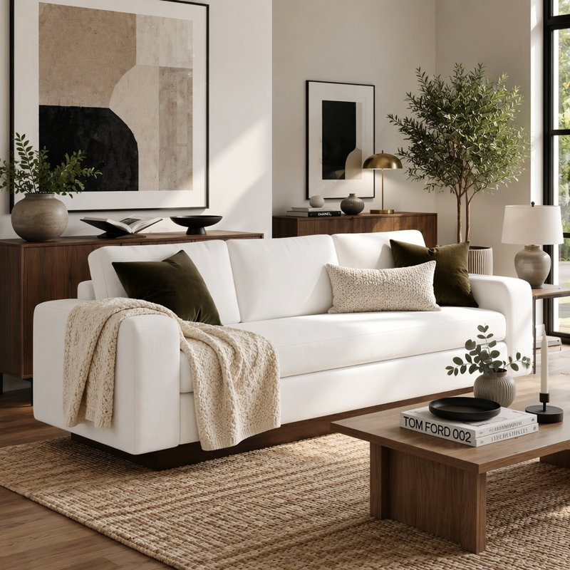 Canapé moderne en chenille 3 places avec assise spacieuse et base en bois d'hévéa robuste, parfait pour les salons et les petits espaces