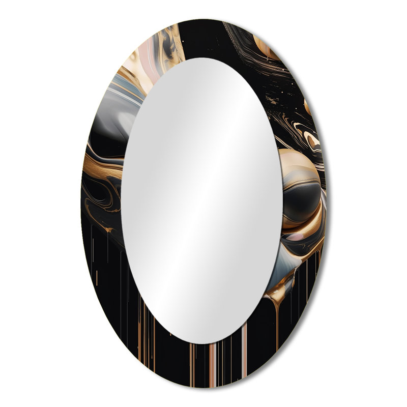 Gold And Black Marble Mirage V - Abstract Oval Decorative Mirror On Metal, 36" x 24"