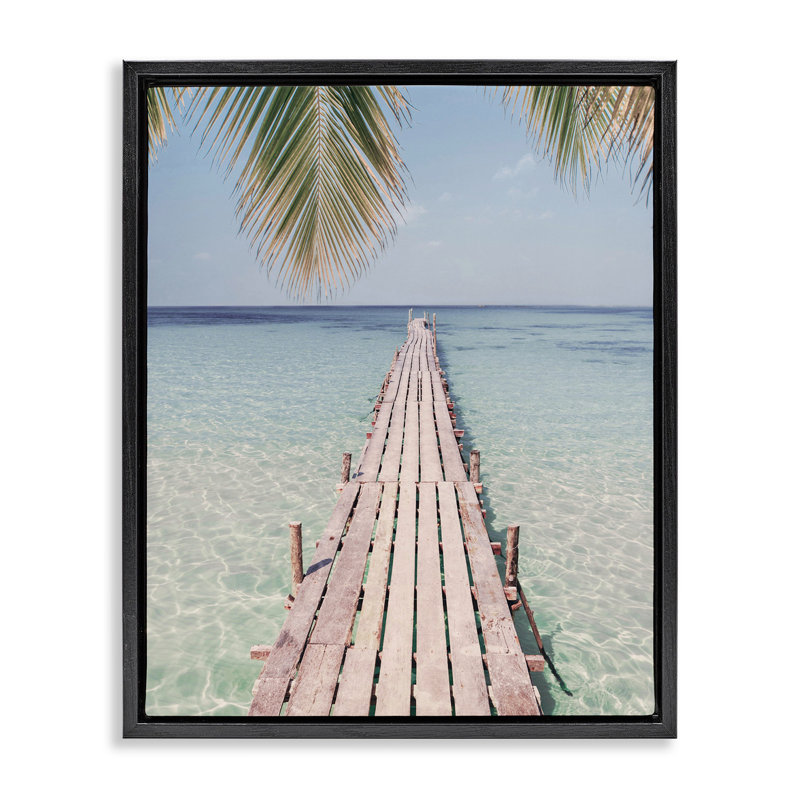 Quai tropical sur la plage, H 17 po x l 21 po, Cadre flottant noir de jais
