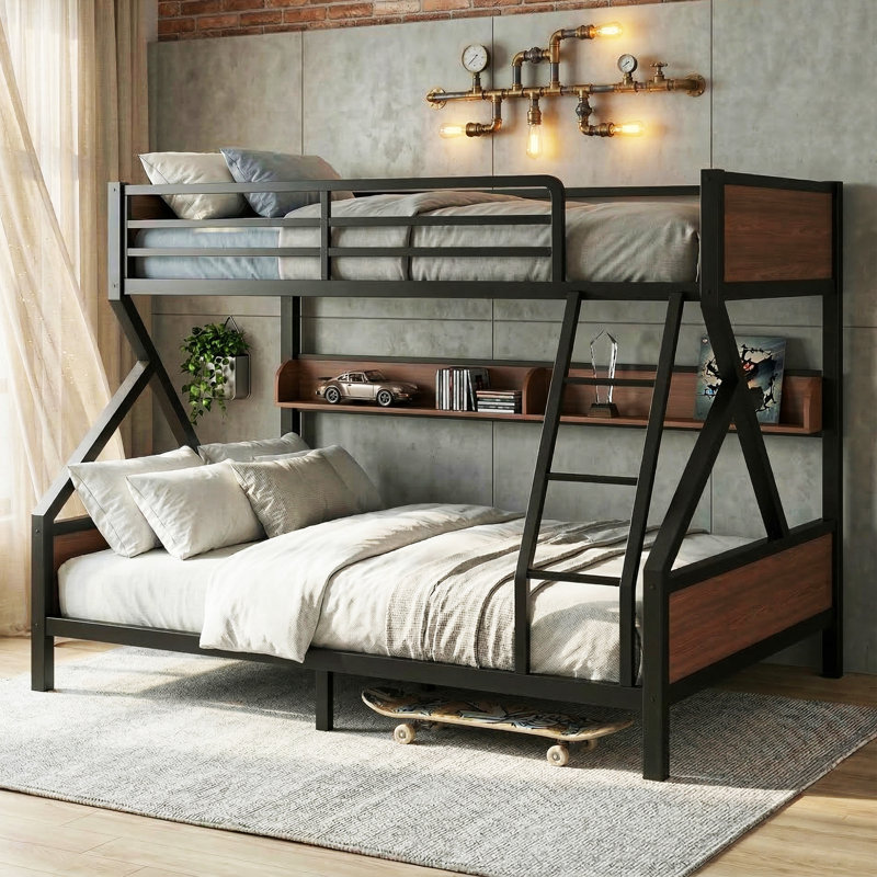 Twin Over Full Metal Bunk Bed with Storage Shelf, Space-Saving Design