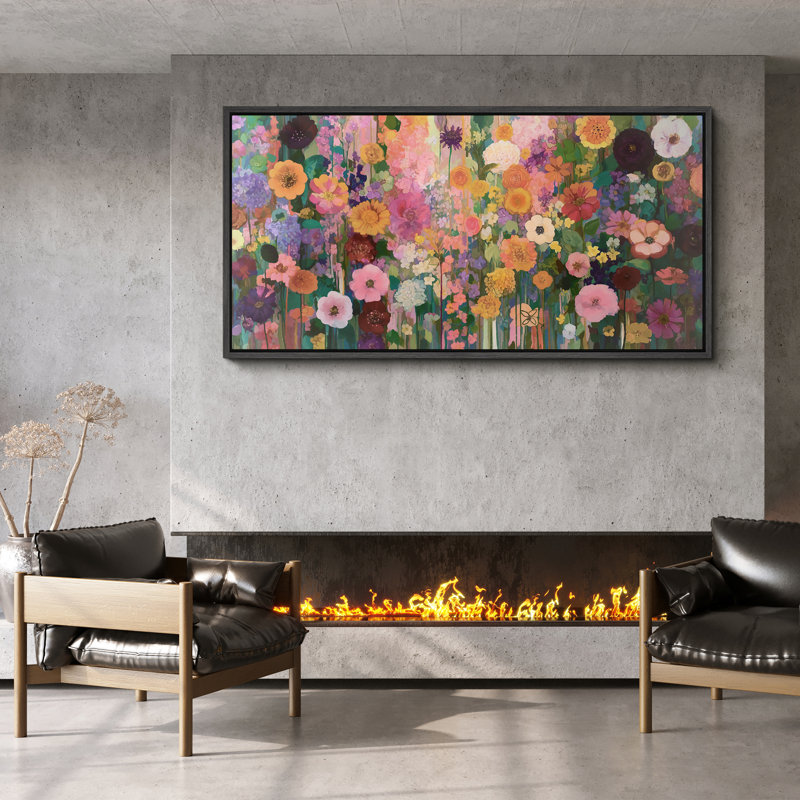 Toile encadrée avec jardin coloré et fleurs sauvages, H 30 po x l 60 po, Noir