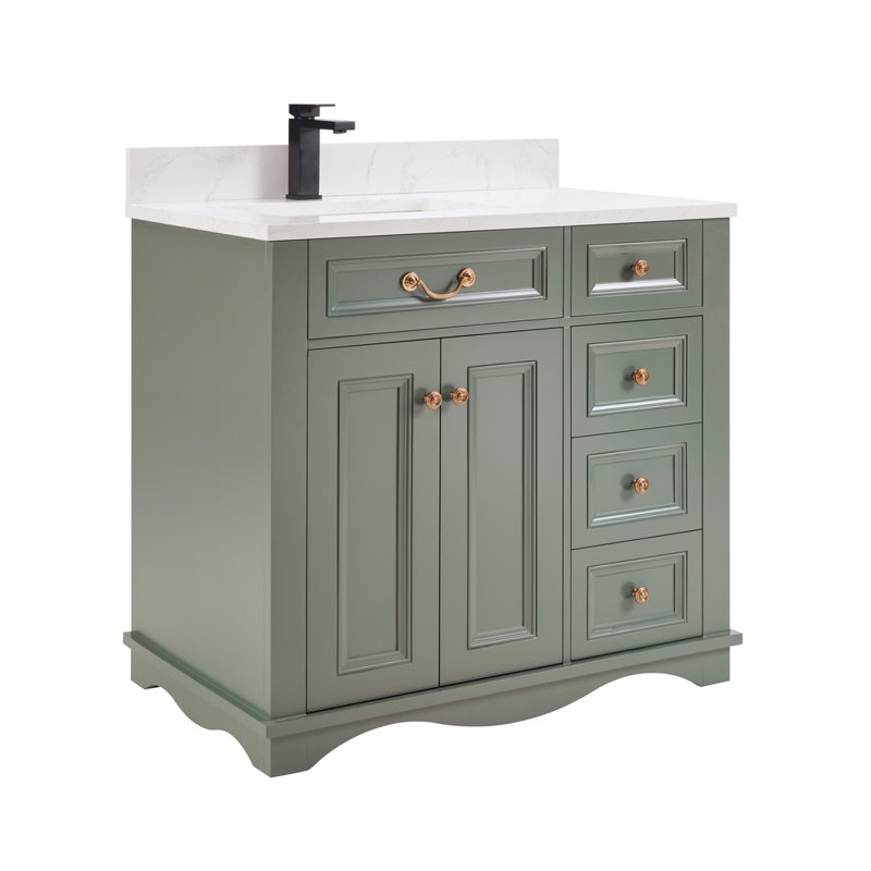36" Solid Wood Single Bathroom Vanity with 1" Engineered Marble Top, Pewter Green