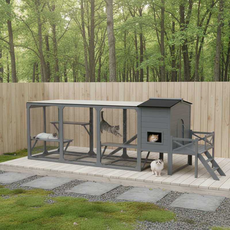 Très grand enclos extérieur pour chat avec bac à litière couvert, cage à chat en bois avec plateformes et toit résistant aux intempéries, gris