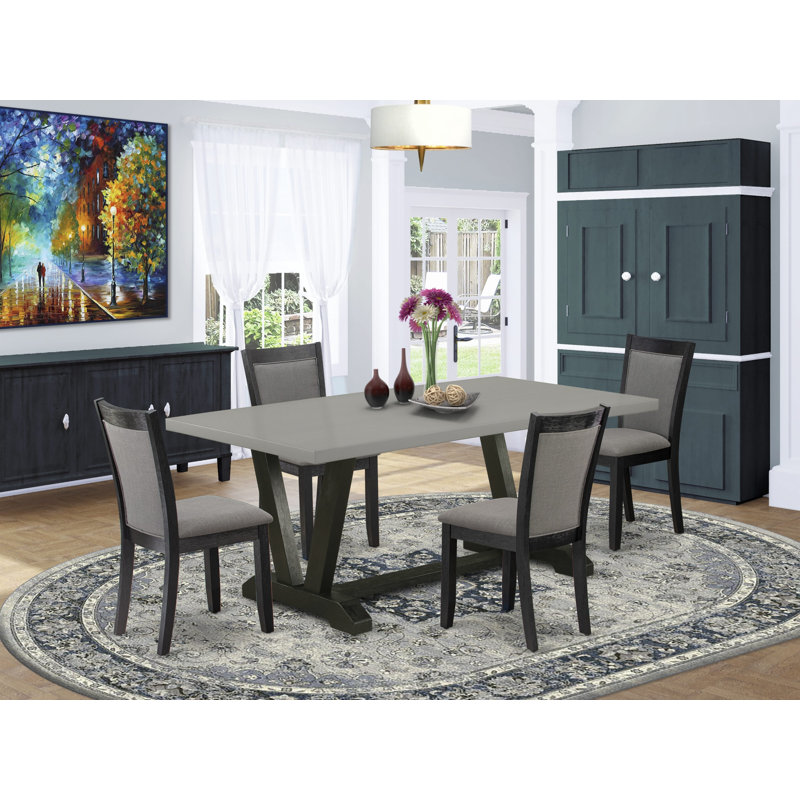 5-Pc Kitchen Dining Table Set Includes a Distressed Jacobean Wooden Table and 4 Dark Gotham Grey Linen Fabric Mid Century Chairs with High Back - Wire Brushed Black Finish