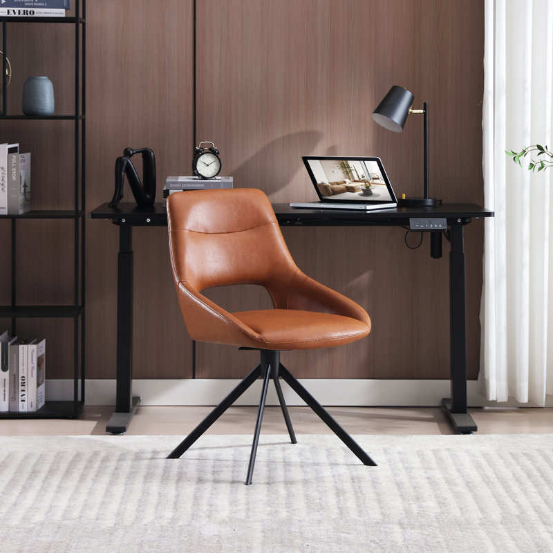 Jakavian Ergonomic Faux Leather Swivel Task Chair with Arms and Stationary Base Mid Century Modern Office Chair No Wheels