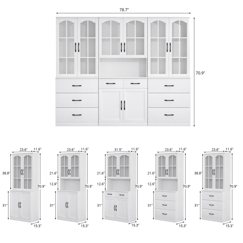 78.7" Modern Farmhouse China Cabinet & Buffet Hutch, Extra Large White Display Bookcase With Storage Drawers For Kitchen, Dining & Home Office