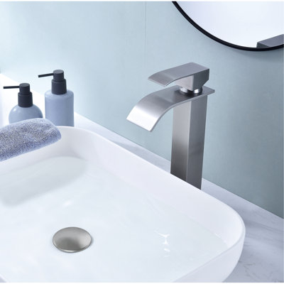 Bathroom Sink Faucet With Waterfall Spout, Single Handle And Pop - Up Drain  No Overflow , Brushed Nickel, Stainless Steel, Rust Finish, Stable Water Flow, Easy Installation For Non Overflow Sinks
