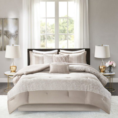 7 Piece Chenille Comforter - King Taupe With Embroidery And Machine Washable Fabric