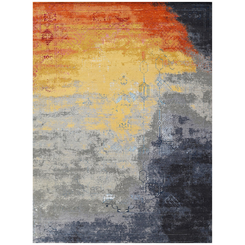 Tapis orange / gris / noir noué à la main de haute qualité, Rectangle 9 pi x 12 pi