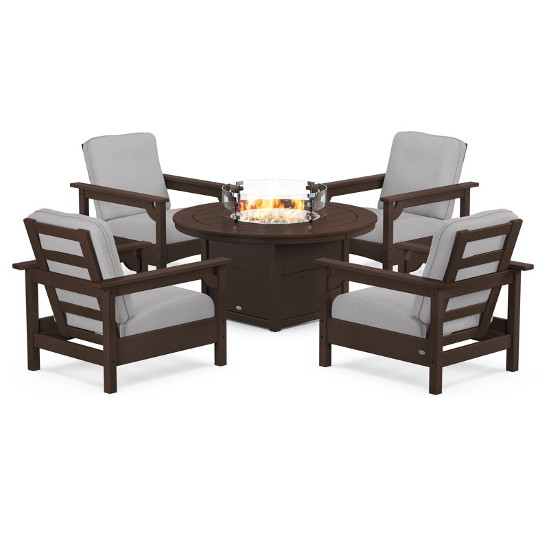 Club 5-Piece Conversation Set with Fire Pit Table, Mahogany, Granite