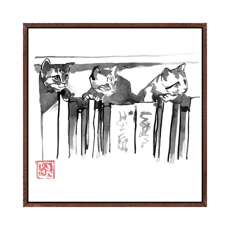 Cats In Library by Péchane - Painting on Canvas, 93.98 cm H x 93.98 cm W, Classic Brown Wood Framed