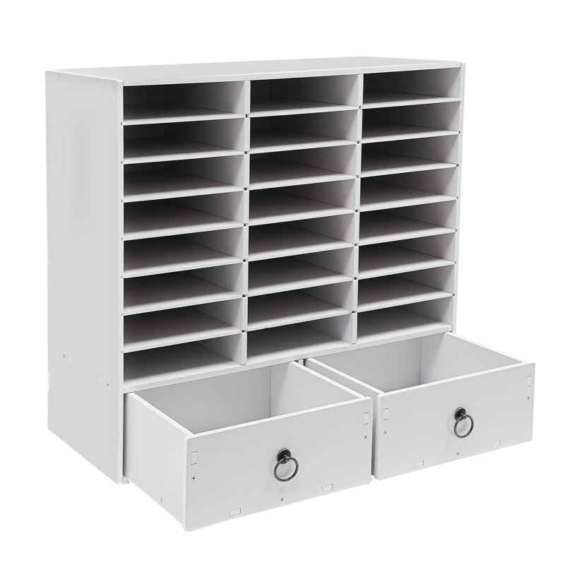 Armoire de rangement en papier et courrier avec 24 compartiments et 2 tiroirs, Blanc / Blanc