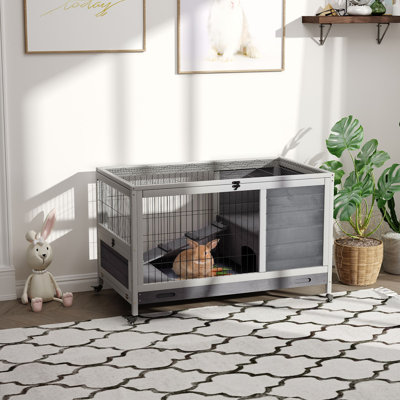 Rabbit Enclosure, Fir Wood / Metal Wire, 1-Pack, Elevated, Gray