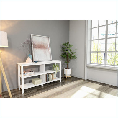 Classic white 2-shelf low bookshelf, compact solid wood and MDF storage shelving for low profile placement under windows or media use