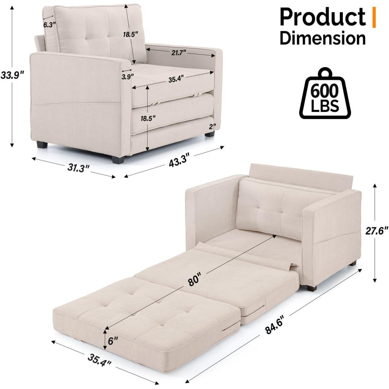 Canapé-lit en chenille 43,31 po Ruthi, Chenille crème
