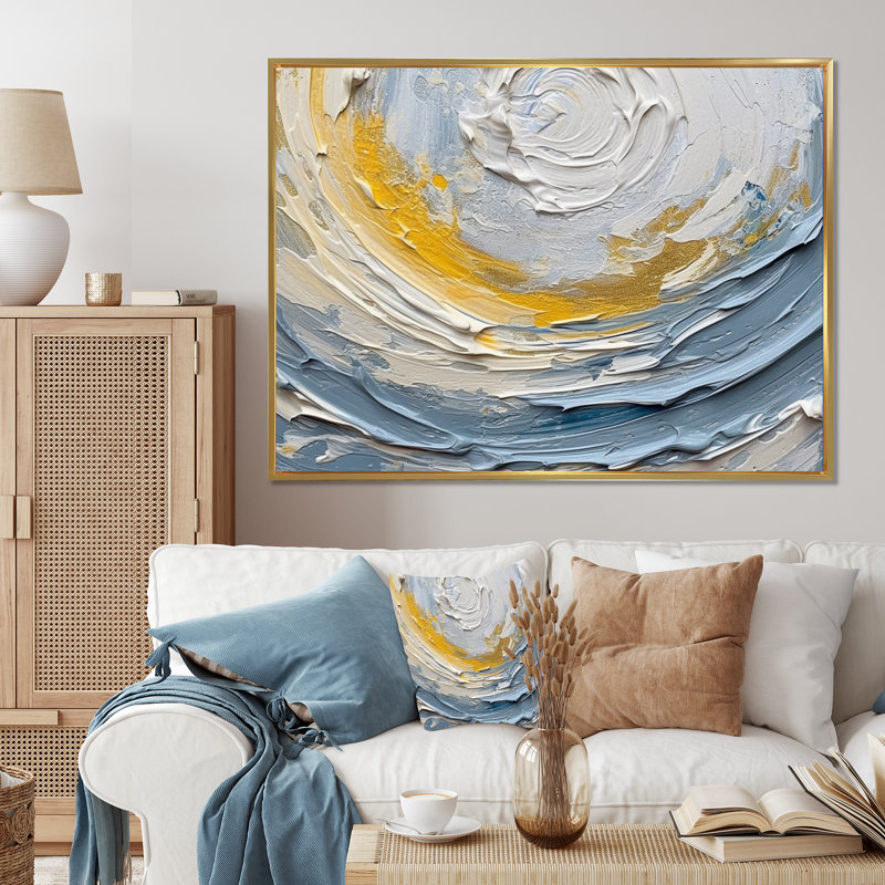 «Gold and Blue Vibrant Spirals III - Abstract Spirals», art mural, 34" H x 44" W, Black Picture Framed
