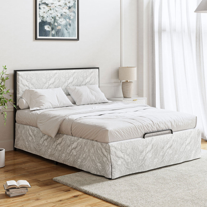 Neilius Upholstered Platform Bed with Washable Slipcover, King, Pattern White