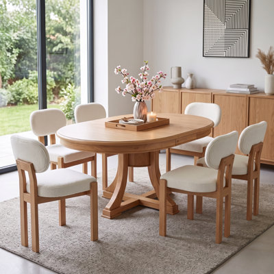 Ensemble de table de salle à manger extensible 7 pièces pour table de cuisine ovale de 6, 47 à 59 pouces avec 6 chaises de salle à manger rembourrées beiges, dossiers courbés, ensemble de mobilier de salle à manger de style campagne moderne