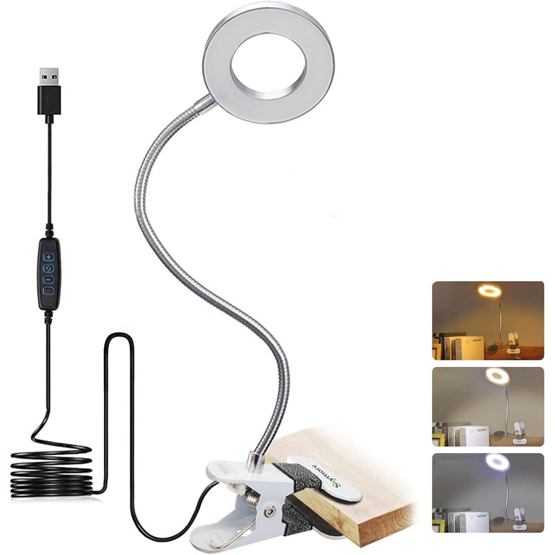 LED Desk Lamp Clip On Light Ring/Clamp Light 360° Flexible Gooseneck Dimmable Eye Protection Desk Light, Silver
