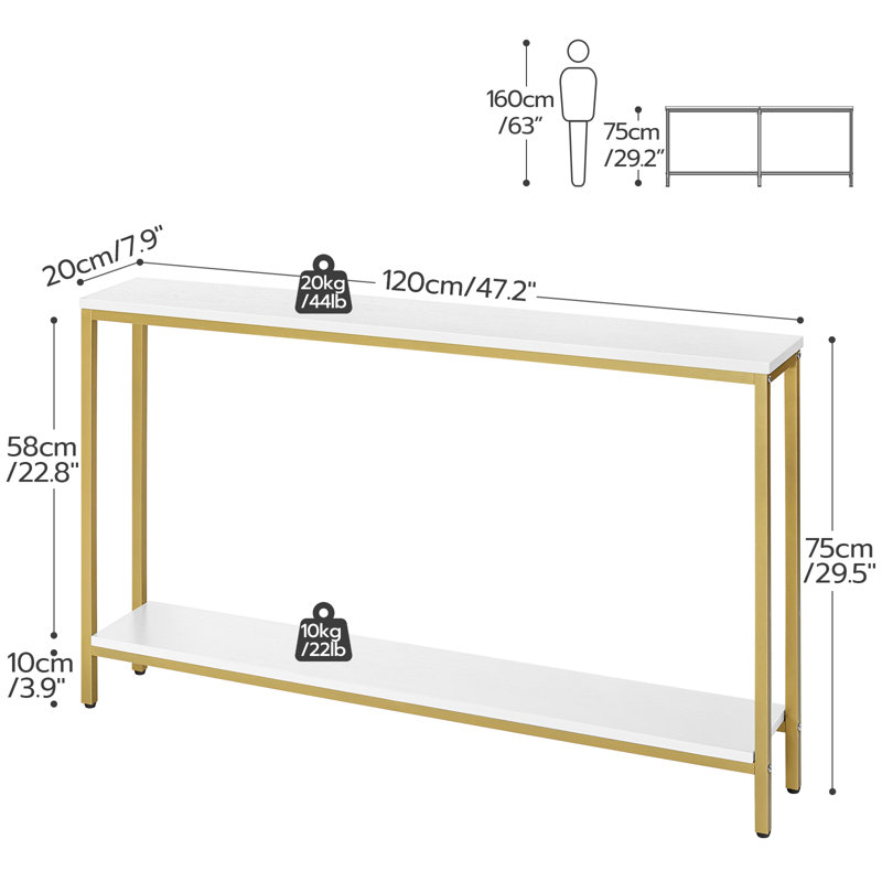 Console avec rangement Kearria, Doré, H 29,5 po x l 47,2 po x P 7,9 po, Blanc