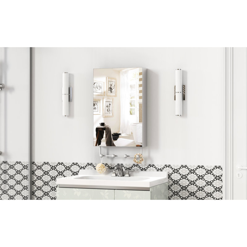 Miroir de salle de bain mural 16 po x 24 po argenté avec rangement, compartiments de grande capacité, armoire à pharmacie en aluminium résistant aux usures et à la corrosion, tablettes réglables, charnières silencieuses, facile