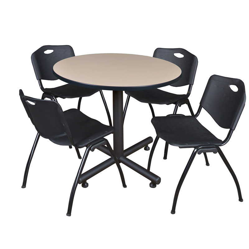 Nicklos Round X-Base Breakroom Table, 4 M Stack Chairs, Cherry, Black
