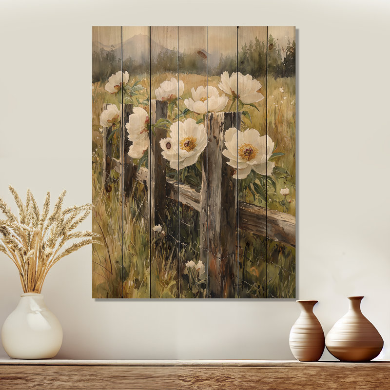 Peonies In The Pasture Fence I - Peonies Wood Print - On Natural Pine Wood, 20" H x 10" W x 0.78" D