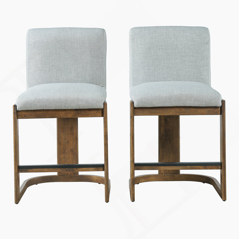 Ensemble de 2 tabourets de bar modernes en bois massif à hauteur de comptoir de 24 po, chaise d'îlot de cuisine revêtue de lin avec pieds en bois au fini noyer pour café-bar Home, gris clair