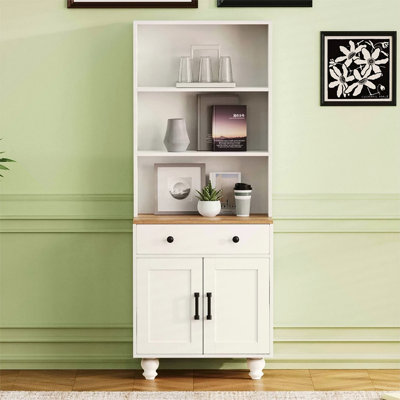 Armoire de rangement Farmhouse avec 4 pieds en bois massif en forme de gourde, armoire de cuisine moderne avec tablettes réglables, bibliothèque à 5 niveaux avec tiroir pour le salon