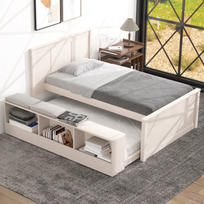 Wooden Platform bed with Pull Out Trundle,Storage Cabinet